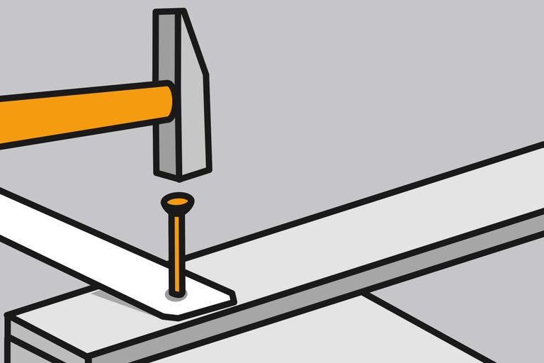 Illustration eines Hammers, der einen Nagel in ein Holzbrett schlägt