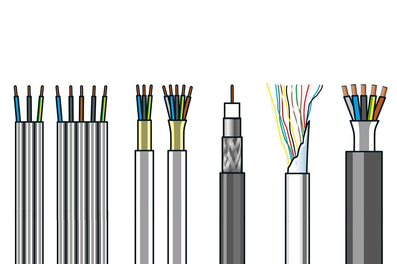 Verschiedene elektrische Kabel und Leitungen im Querschnitt.