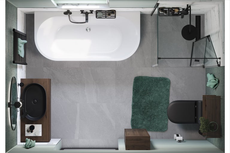 Vogelperspektive eines Badezimmers mit Badewanne, Dusche, Waschbecken und Toilette