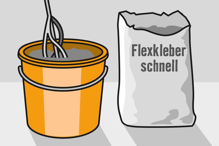 Eimer mit Kleber und ein Sack Flexkleber schnell