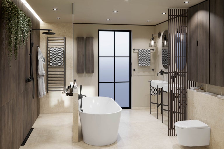 Modernes Badezimmer mit freistehender Badewanne, begehbarer Dusche mit schwarzer Armatur, Doppelwaschbecken und Holzelementen.