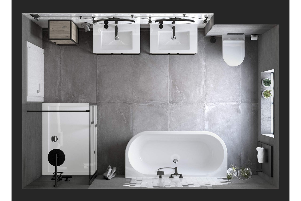 Vogelperspektive eines modernen Badezimmers mit Dusche, Badewanne, Waschbecken und Toilette