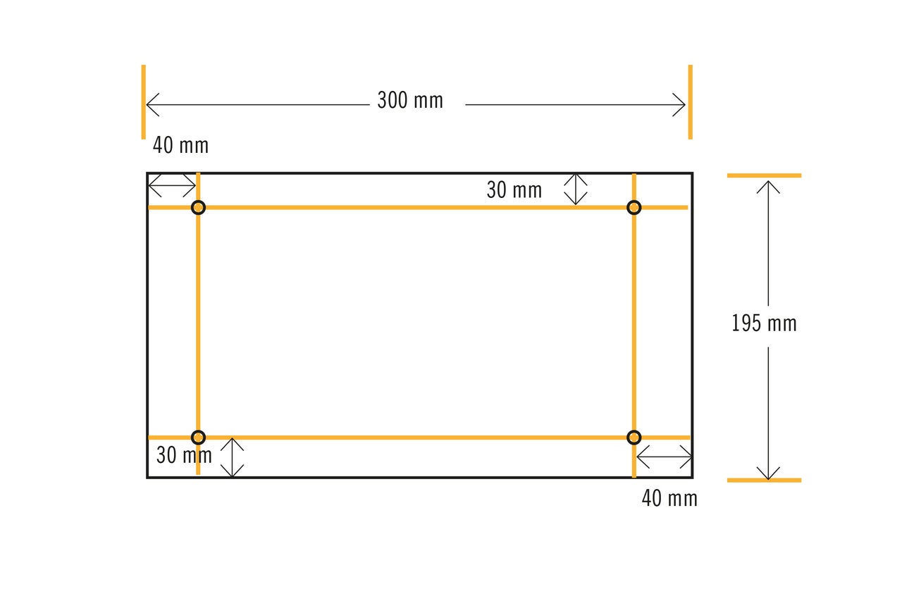 Technische Zeichnung mit Maßangaben: 300 mm breit und 195 mm hoch