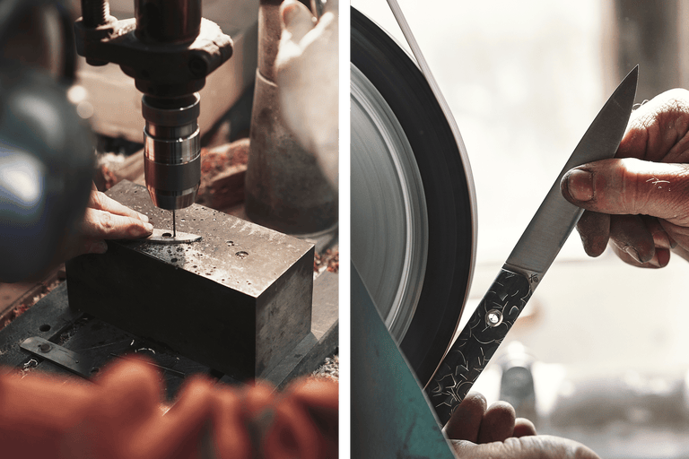 Auf dem Bild ist ein Metallstück zu sehen, das mit einer Bohrmaschine bearbeitet wird und ein Messer, das an einem Schleifbock geschärft wird.