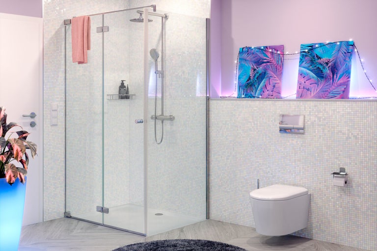 Badezimmer mit Duschkabine, Toilette und Dekoration