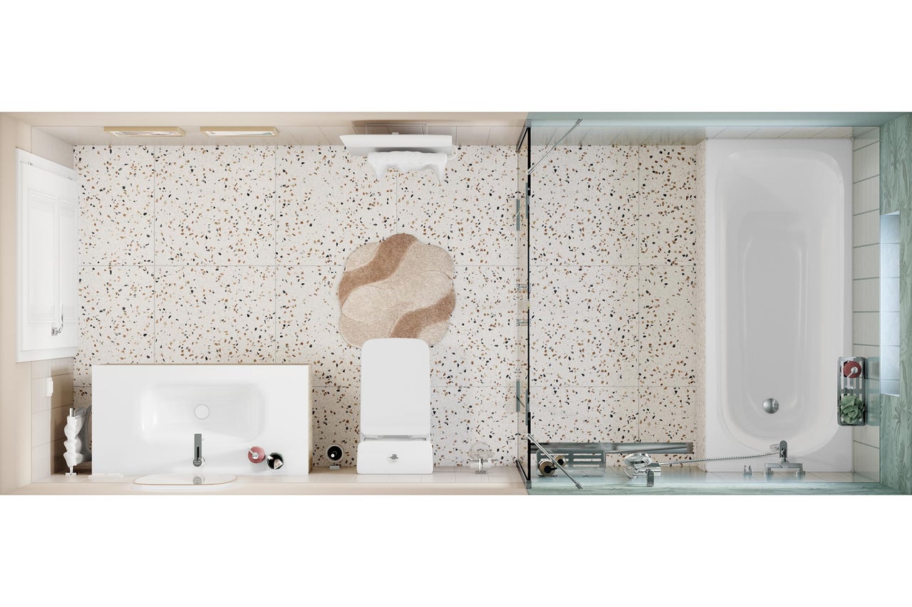 Modernes Badezimmer aus der Vogelperspektive mit Terrazzoboden, weißem Waschtisch, wandhängender Toilette und Badewanne mit Glasabtrennung.