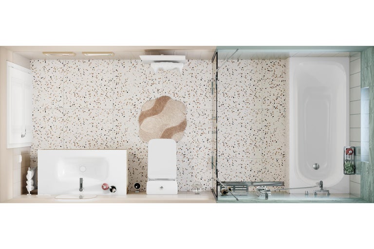 Modernes Badezimmer aus der Vogelperspektive mit Terrazzoboden, weißem Waschtisch, wandhängender Toilette und Badewanne mit Glasabtrennung.