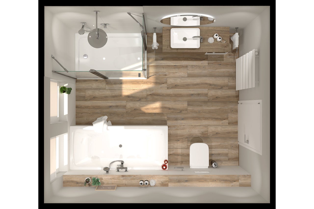 Draufsicht eines modernen Badezimmers mit Boden in Holzoptik, Badewanne, begehbarer Dusche, Waschbecken und Toilette.