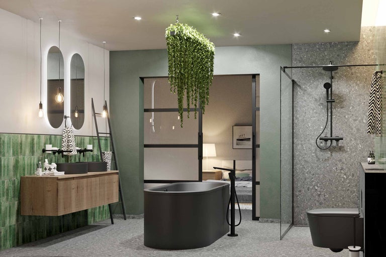 Modernes Badezimmer mit Badewanne, Dusche, Waschtisch und Toilette in einem hellen und geräumigen Design.