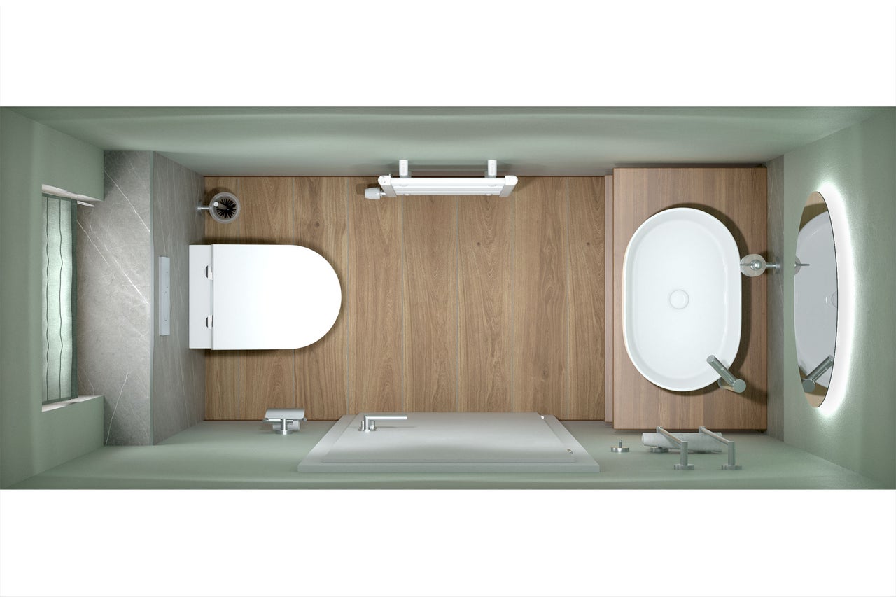 Draufsicht auf ein modernes Badezimmer mit wandhängendem WC, ovalem Aufsatzwaschbecken auf Holzkonsole, Boden in Holzoptik und rundem Spiegel.