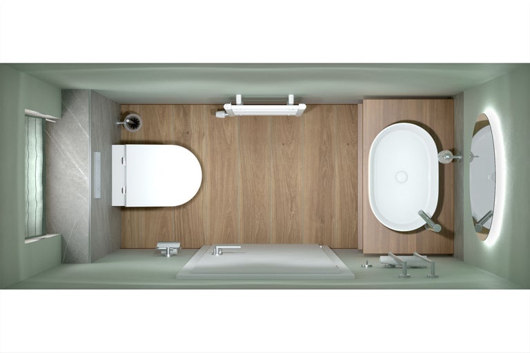 Draufsicht auf ein modernes Badezimmer mit wandhängendem WC, ovalem Aufsatzwaschbecken auf Holzkonsole, Boden in Holzoptik und rundem Spiegel.