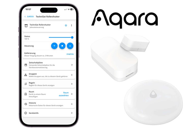 Aqara Logo, Smartphone-Ansicht der TechniSat Rolladensteuerung und Aqara Wassersensor sowie Aqara Tür- und Fenstersensor