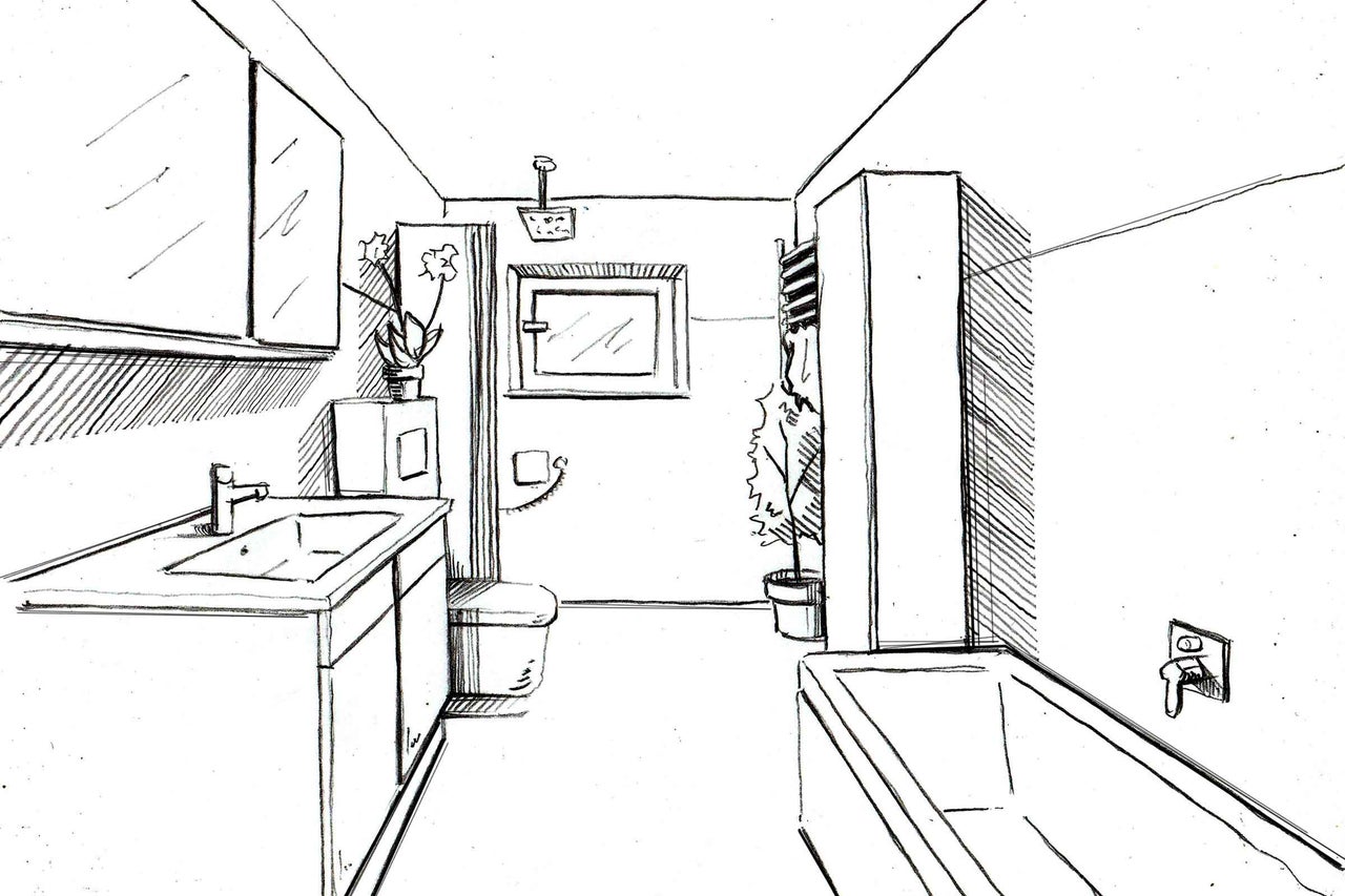 Badezimmerszene mit Waschtisch, Toilette, Badewanne und Heizkörper