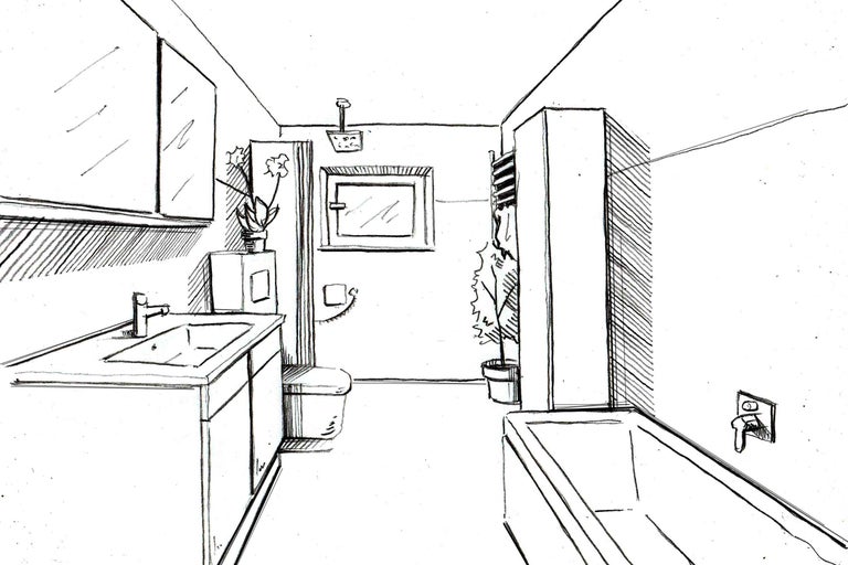 Badezimmerszene mit Waschtisch, Toilette, Badewanne und Heizkörper