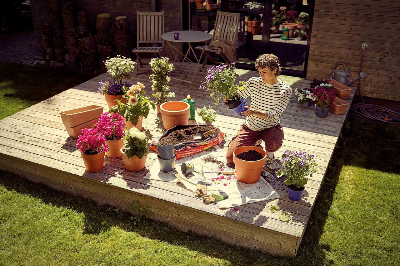 Gartenarbeitsszene auf einer Holzterrasse mit Blumen, Pflanzgefäßen, Gartenerde und einer Person.