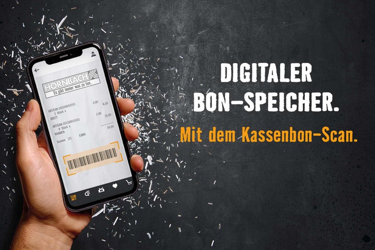 Ein Smartphone zeigt die Hornbach App mit einem digitalen Kassenbon