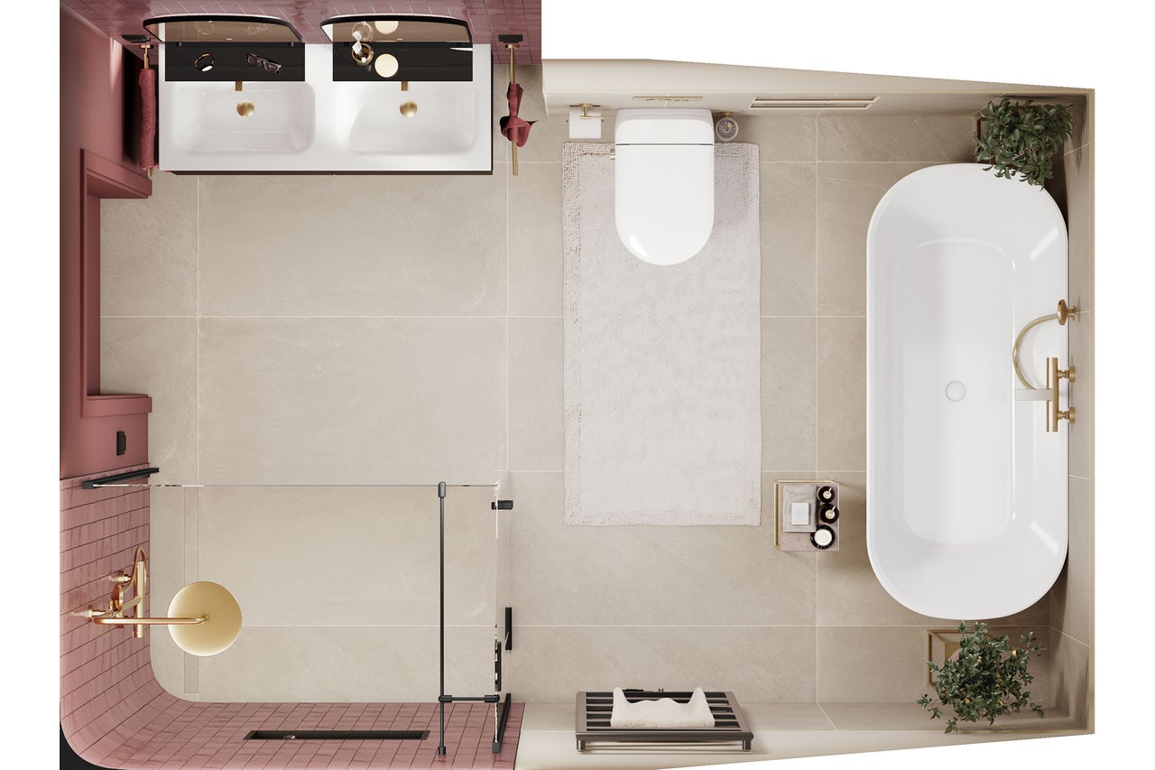 Draufsicht eines modernen Badezimmers mit Doppelwaschbecken, wandhängendem WC, freistehender Badewanne und begehbarer Dusche mit Glaswand.