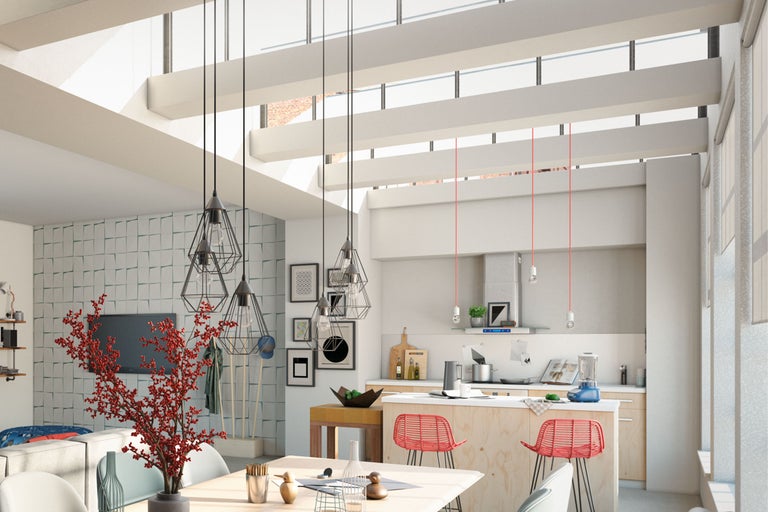 Heller Wohnraum mit offener Küche, Esstisch, Sitzgelegenheiten und Beleuchtung