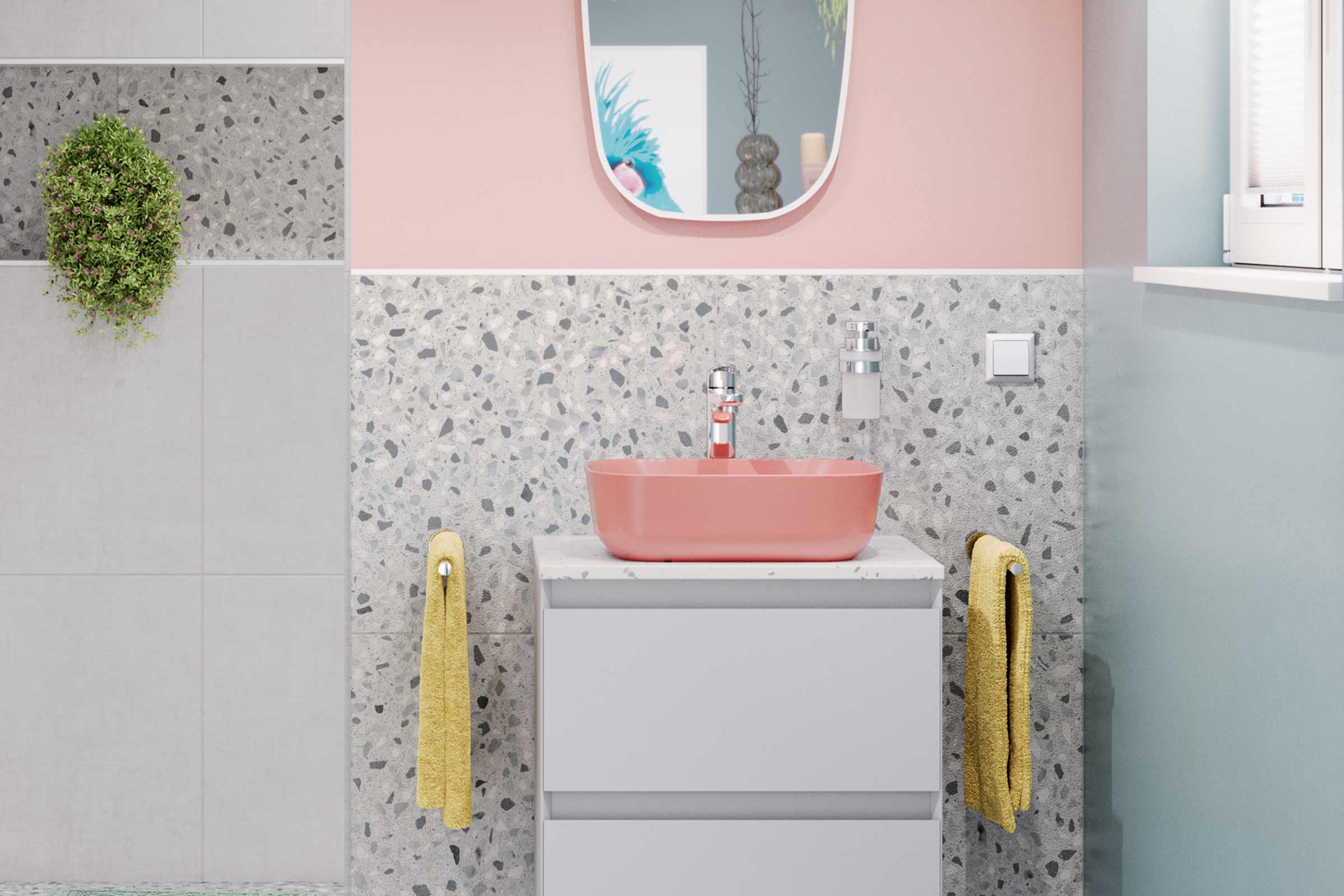 Modernes Badezimmer mit Waschbecken, Spiegel und Handtüchern