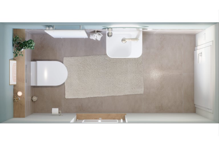 Draufsicht Badezimmer mit Toilette, Waschbecken und Badteppich