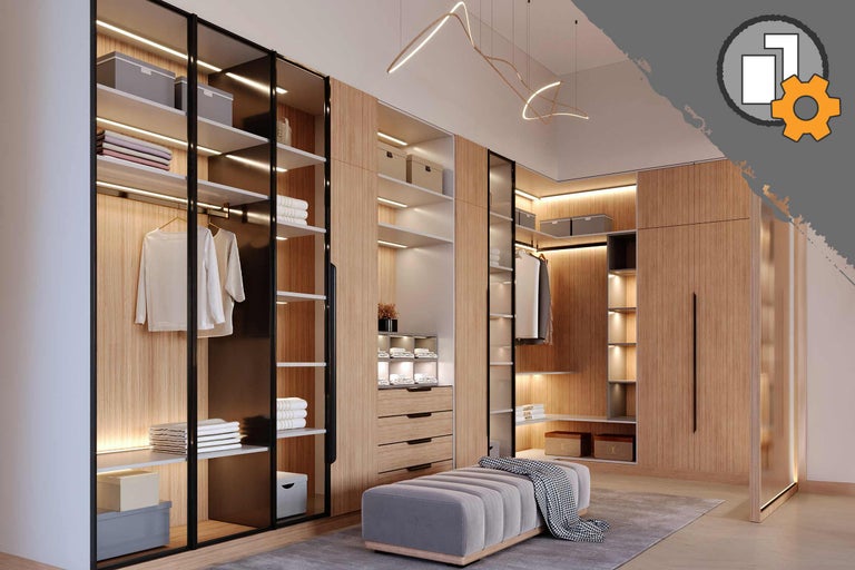 Begehbarer Kleiderschrank mit Regalen, Schubladen und Beleuchtung