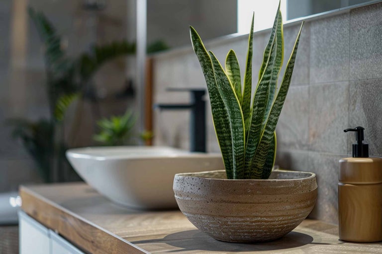 Dekoratives Badezimmer mit Sansevieria Pflanze in Keramiktopf