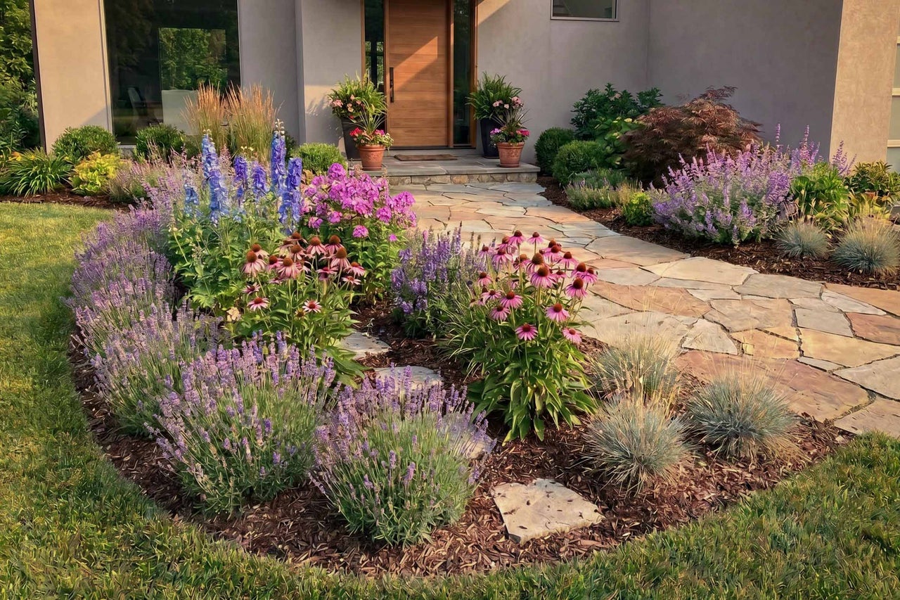 Vorgarten mit Natursteinweg zur hölzernen Haustür, bepflanzt mit Lavendel, Sonnenhut und anderen Stauden in einem Rindenmulchbeet.