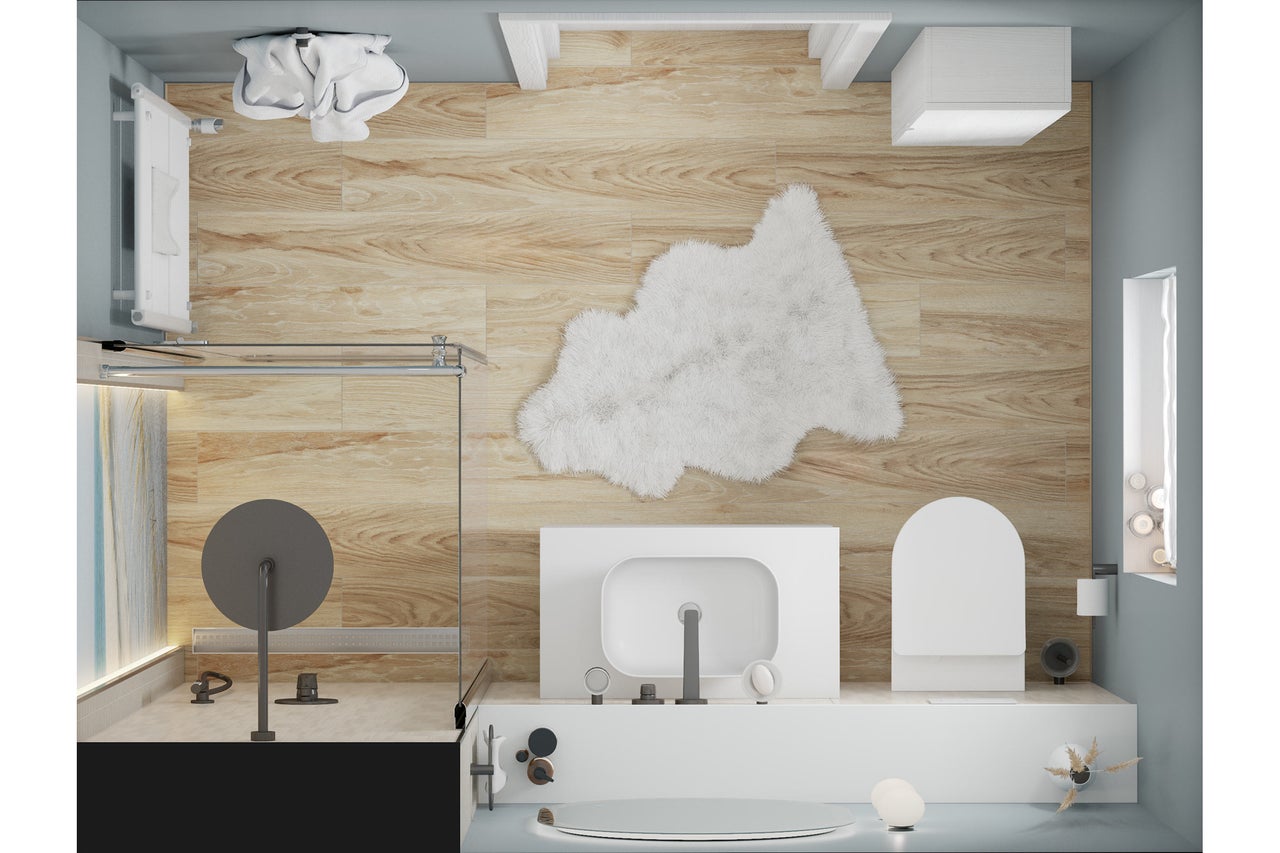 Ansicht von oben eines hellen Badezimmers mit Dusche, Waschtisch, Toilette und Holzboden