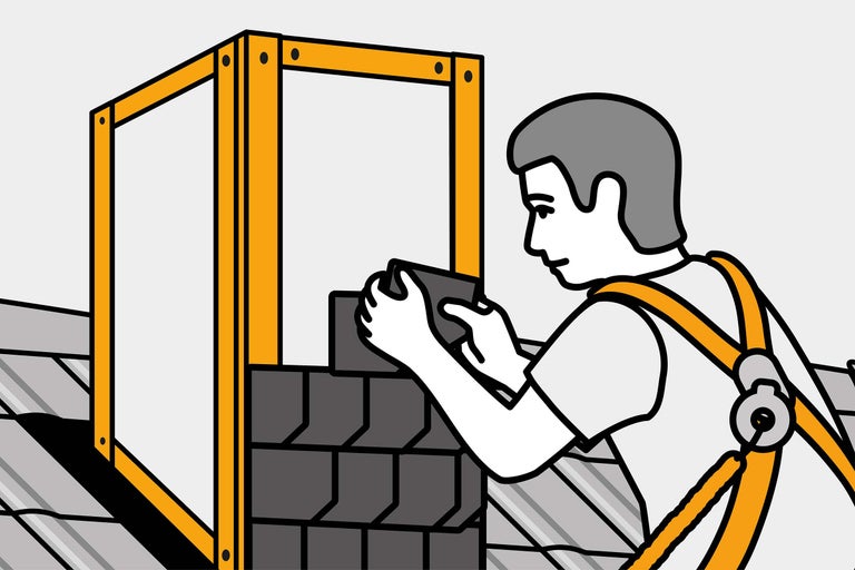 Illustration eines Dachdeckers mit Sicherheitsgurt, der Schiefer an einem Dachfensterrahmen befestigt.