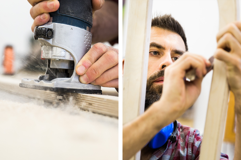 Ein Handwerker bearbeitet Holz mit einer Oberfräse und kontrolliert das Ergebnis.