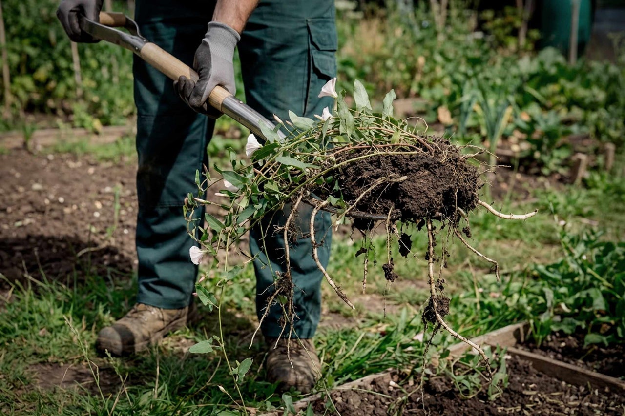 Eine Person entfernt mit einem Spaten Unkraut aus einem Gartenbeet.