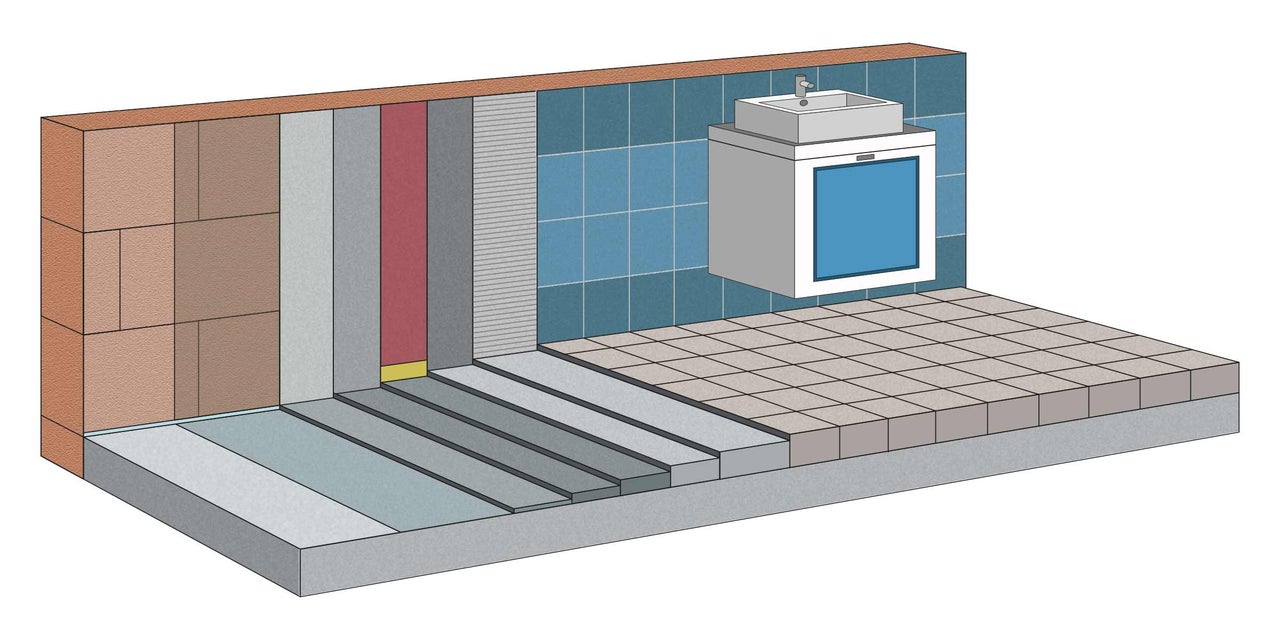 Badezimmer Illustration mit verschiedenen Wand- und Bodenbelägen sowie Waschtisch