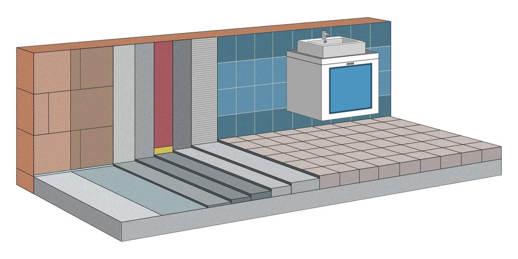 Badezimmer Illustration mit verschiedenen Wand- und Bodenbelägen sowie Waschtisch