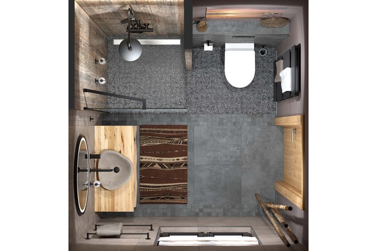 Badezimmer in der Draufsicht mit begehbarer Dusche, Steinwaschbecken auf Holzplatte, Wand-WC und grauen Bodenfliesen.
