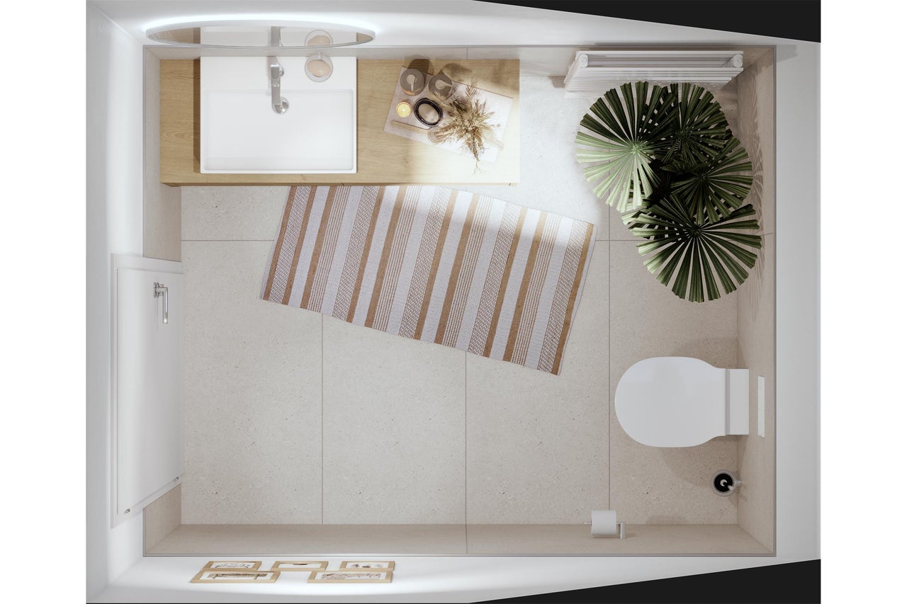 Draufsicht eines Badezimmers mit Waschbecken, Spiegel, Handtuchheizkörper, Toilette, Badteppich und Zimmerpflanze