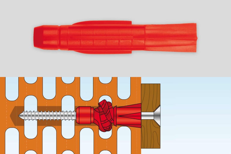 Kunststoff Spreizdübel und Darstellung der Montage in Lochziegel