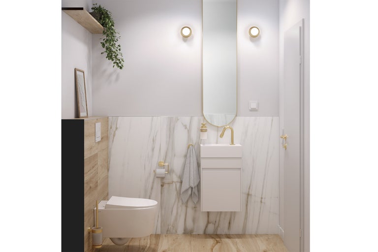 Helles Badezimmer mit Hänge-WC, Waschtisch und Spiegel