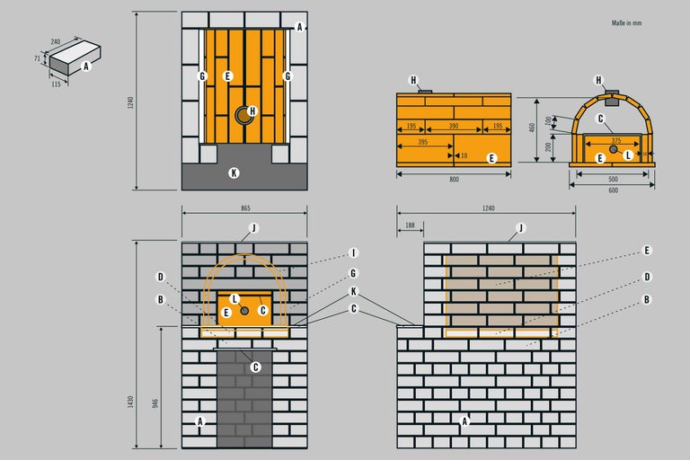 Zeichnung eines Steinbackofens mit Maßangaben