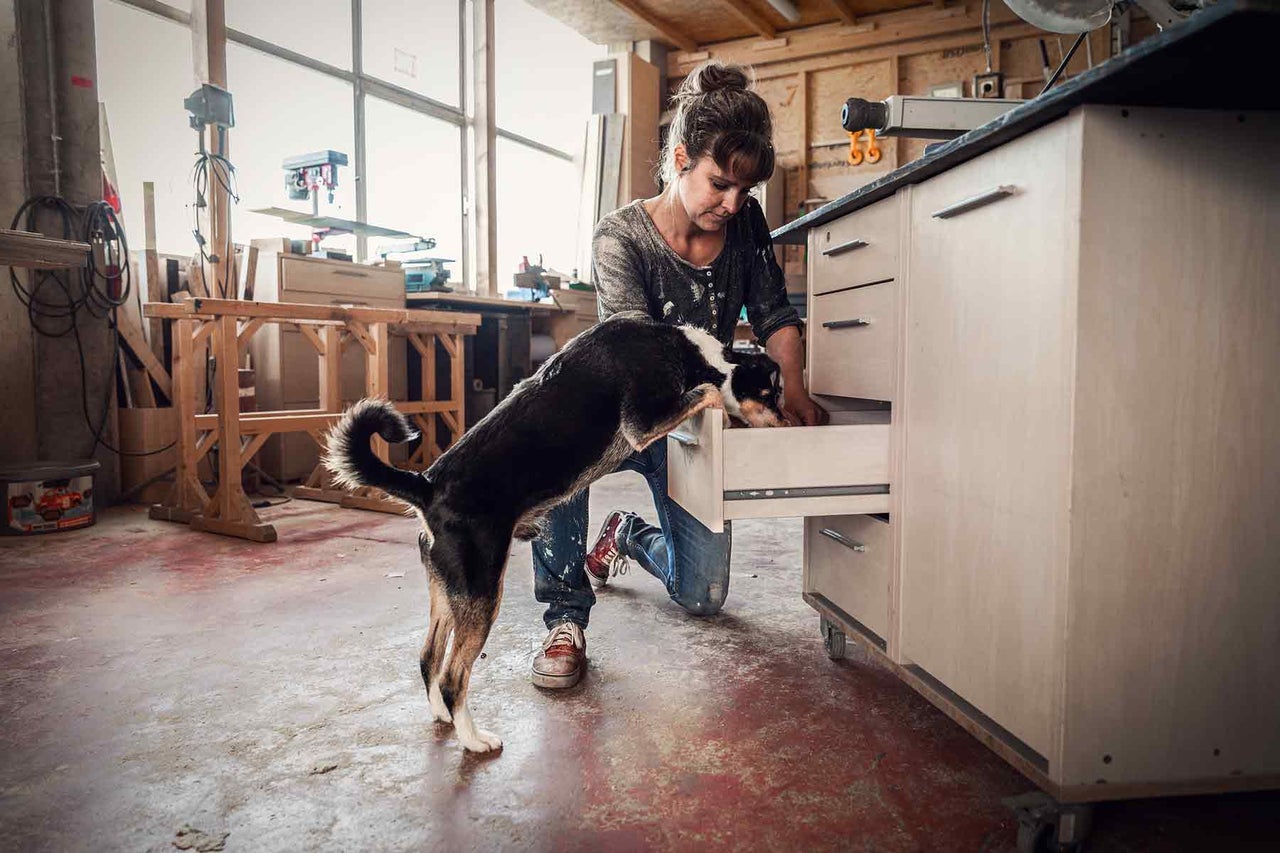 Frau öffnet Schublade in Werkstatt mit Hund