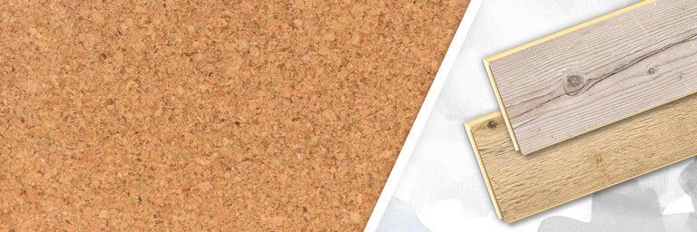 Korkstruktur und zwei Paneele mit Holzdekor für Bodenbeläge