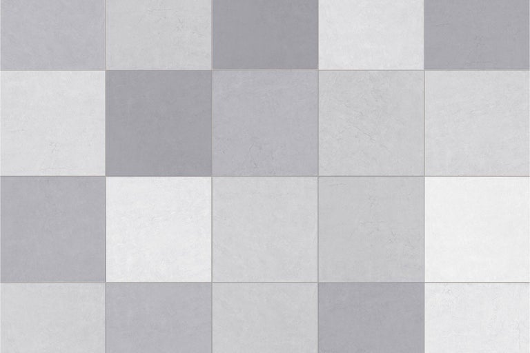 Quadratische Bodenfliesen oder Wandfliesen im Schachbrettmuster mit strukturierter Oberfläche in verschiedenen Abstufungen.