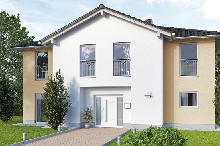 Modernes Einfamilienhaus mit Fassade, Fenstern und Garten