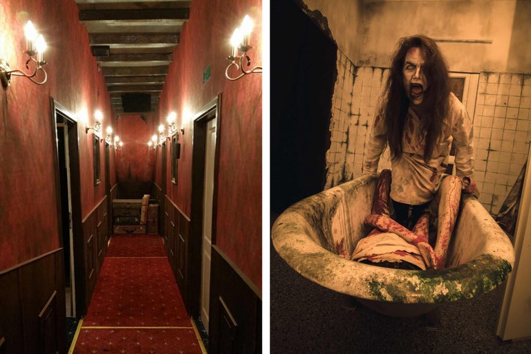 Horrorhaus-Szene mit blutverschmiertem Zombie und Badewanne