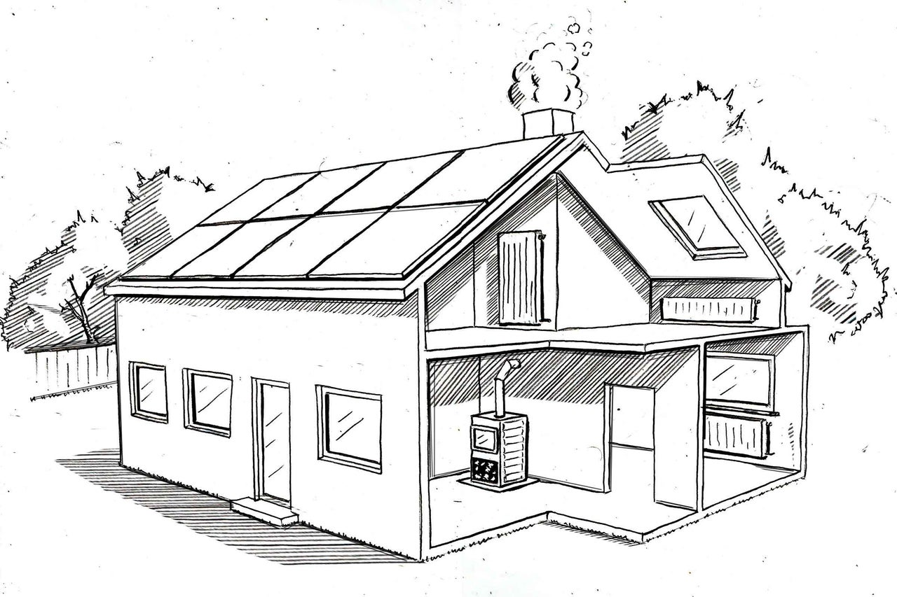 Hausquerschnitt mit Solarzellen auf dem Dach, Ofen und Heizkörper