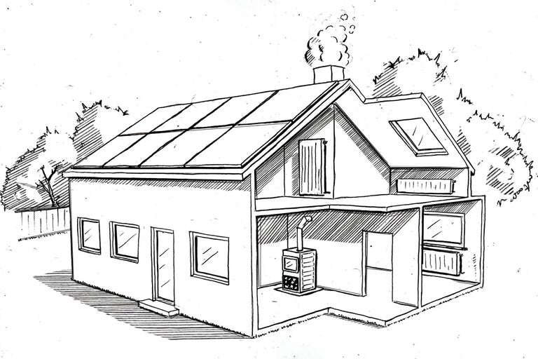 Hausquerschnitt mit Solarzellen auf dem Dach, Ofen und Heizkörper