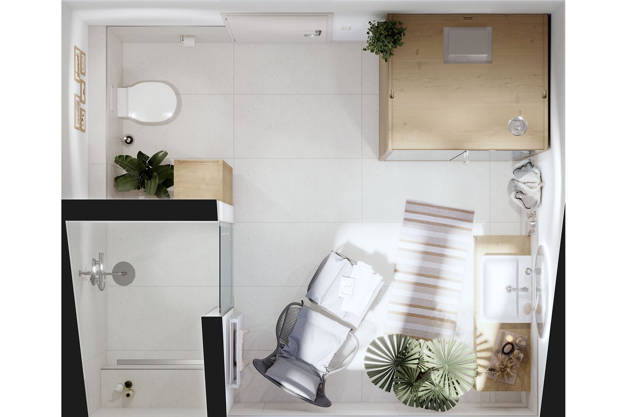 Vogelperspektive eines Badezimmers mit Dusche, Toilette, Waschbecken, Sauna und Sitzgelegenheiten