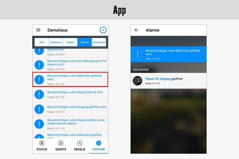 App-Ansicht mit Benachrichtigung über geöffnete Balkontür