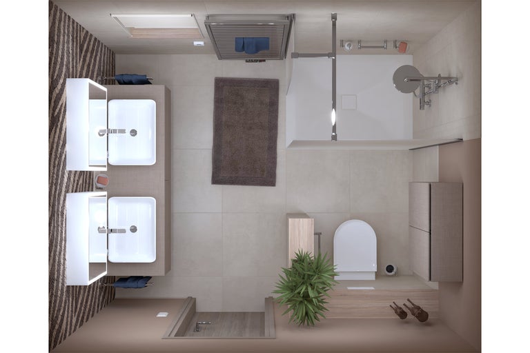 Draufsicht eines Badezimmers mit Waschbecken, Dusche und Toilette