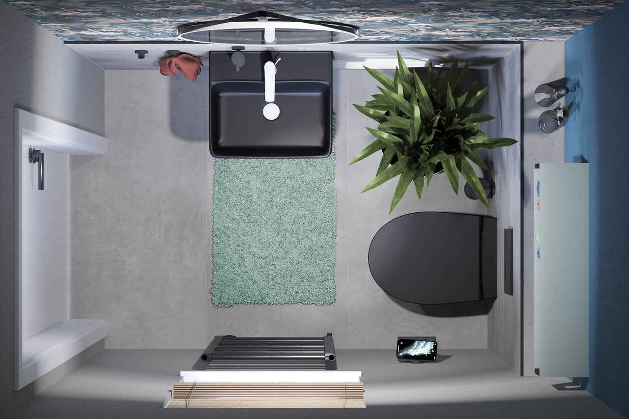 Vogelperspektive eines Badezimmers mit Waschbecken, Toilette, Duschkabine, Heizkörper, Badteppich und Pflanze