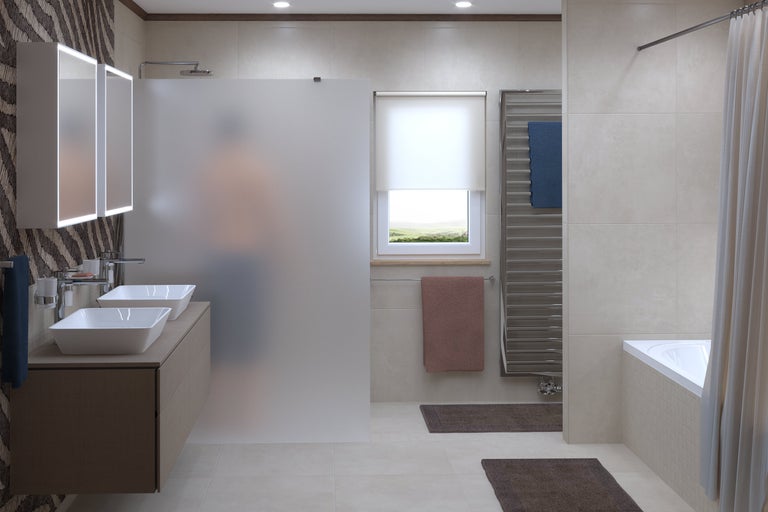 Badezimmer mit Doppelwaschtisch, Duschabtrennung, Badewanne und Handtuchwärmer